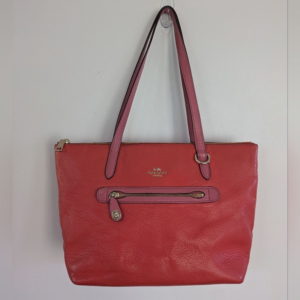 Coach Taylor pink red coral zipper clasp shoulder bag tote - Picture 1 of 16